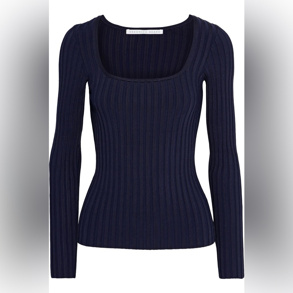 Veronica Beard Clara Navy Ribbed Long Sleeve Top
